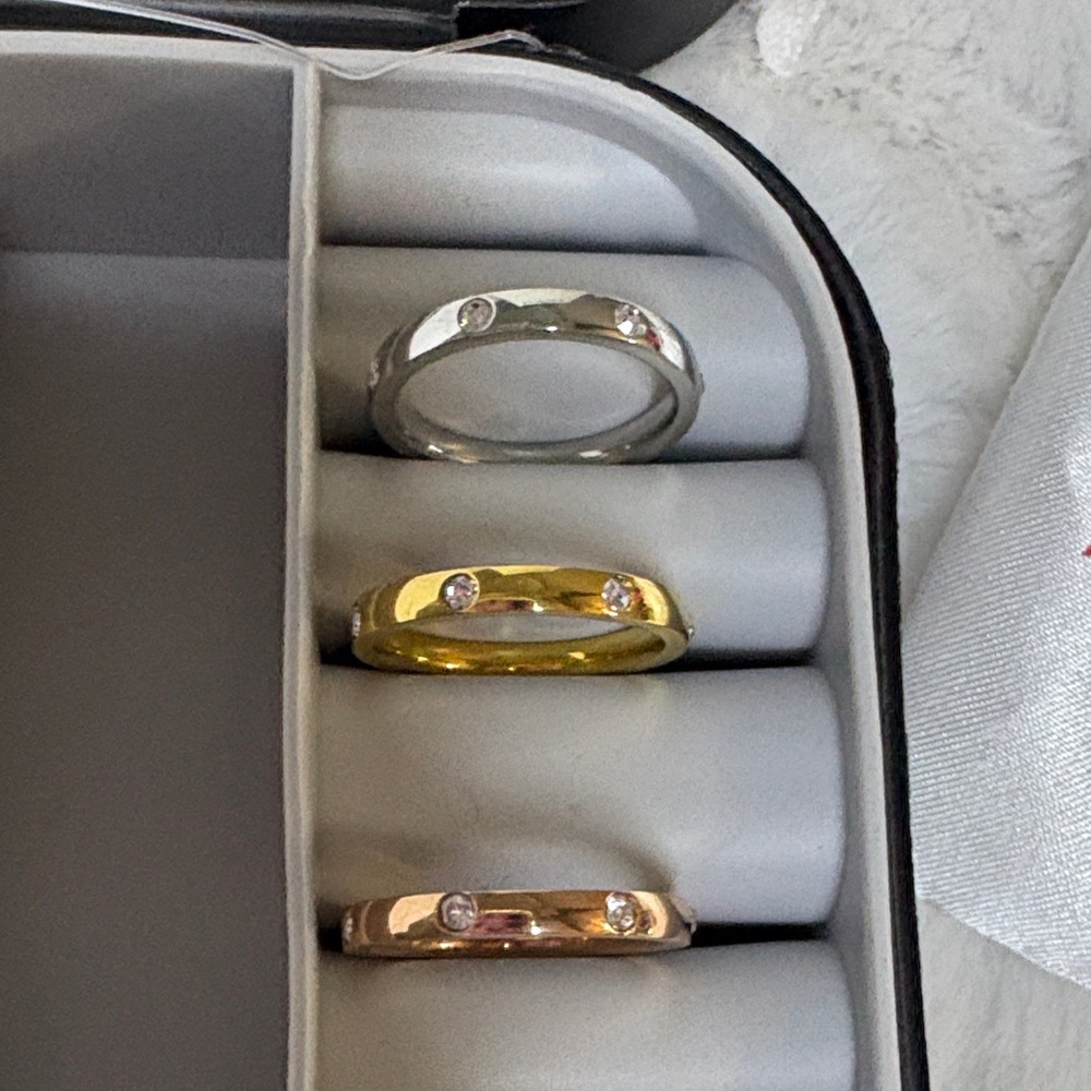 Adornia Stackable Ring Set in Gold, Rose, and Silver Tones Size 5.
